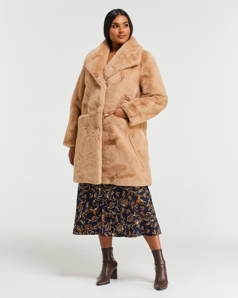 Front of a model wearing a size 1X Matterhorn Coat in Camel by Estelle. | dia_product_style_image_id:234989